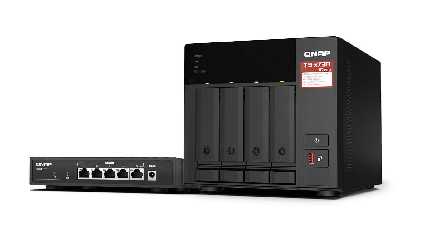 QNAP TS-473A-SW5T - Serwer NAS Tower z procesorem AMD Ryzen i przełącznikiem 2.5GbE